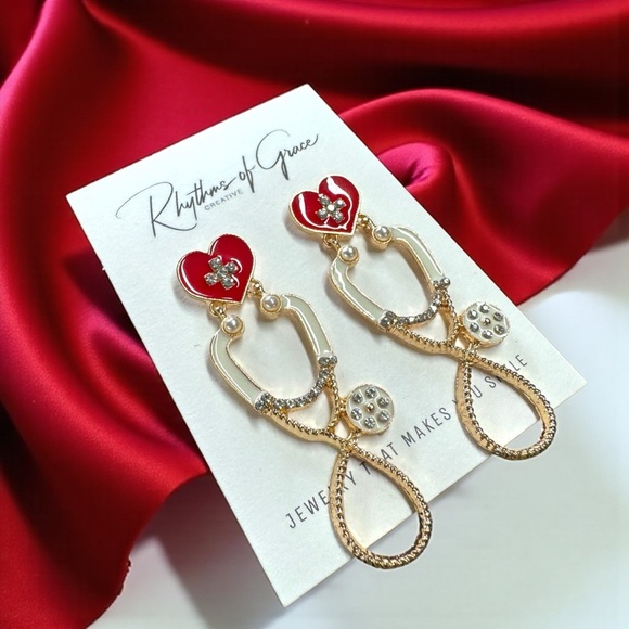 Listen Up in Style – Rhinestone Stethoscope Earrings for Healthcare Glam 🩺 NWT - Picture 2 of 11